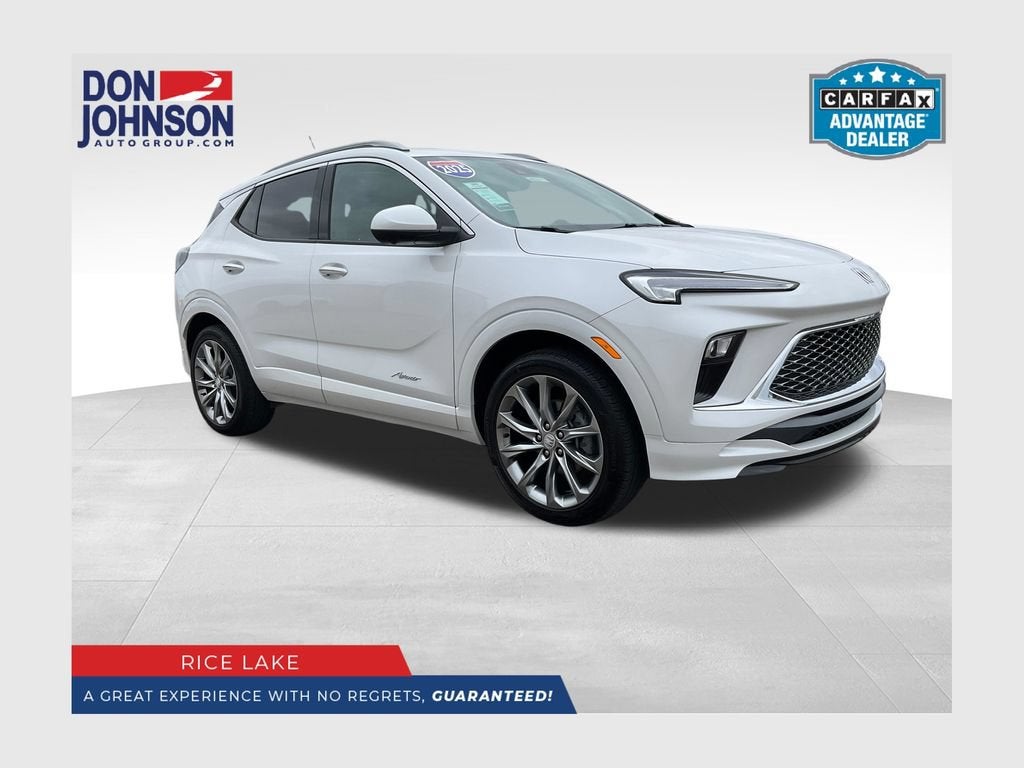 2025 Buick Encore GX Avenir in White Frost Tricoat — front three-quarter view